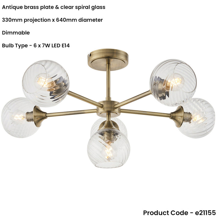 6 Light Semi Flush Ceiling & 2x Matching Wall Lights - Antique Brass Clear Spiral Patterned Shade