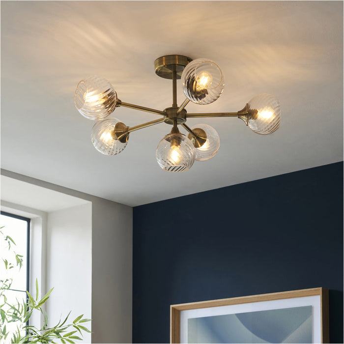 6 Light Semi Flush Ceiling & 2x Matching Wall Lights - Antique Brass Clear Spiral Patterned Shade