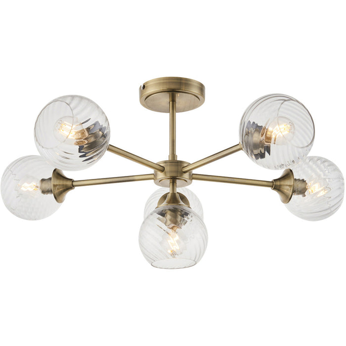 6 Light Semi Flush Ceiling & 2x Matching Wall Lights - Antique Brass Clear Spiral Patterned Shade