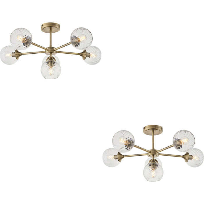 2 PACK Antique Brass Semi Flush Low Ceiling Light - Clear Spiral Multi Arm Glass - 6 X 7W LED E14