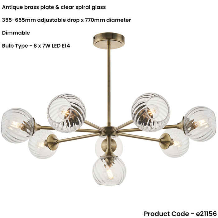 8 Light Pendant Lamp & 2x Matching Wall Lights - Antique Brass Clear Spiral Patterned Shade