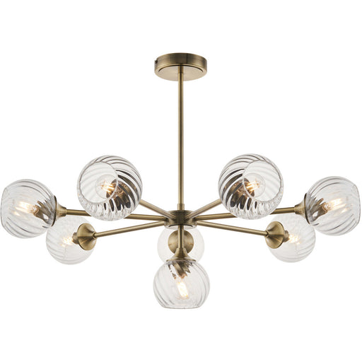 Multi Arm Hanging Ceiling Pendant Light - Antique Brass Plate & Clear Spiral Glass - 8 X 7W LED E14