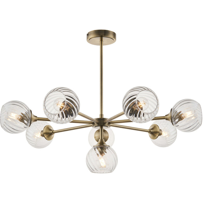 Multi Arm Hanging Ceiling Pendant Light - Antique Brass Plate & Clear Spiral Glass - 8 X 7W LED E14