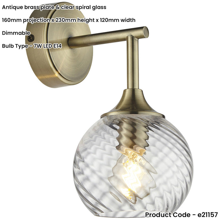 Indoor Antique Brass Plate Wall Light - Clear Spiral Glass Shade - Dimmable 7W LED E14