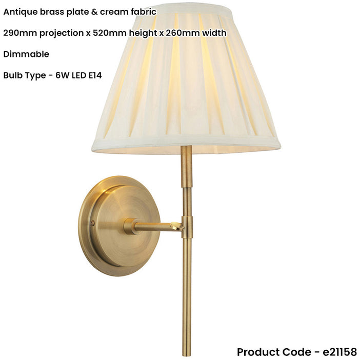 Indoor Antique Brass Plate Wall Light - Cream Fabric Shade - Dimmable 6W LED E14