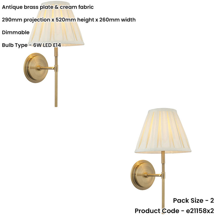 2 PACK Indoor Antique Brass Plate Wall Light - Cream Fabric Shade - Dimmable 6W LED E14