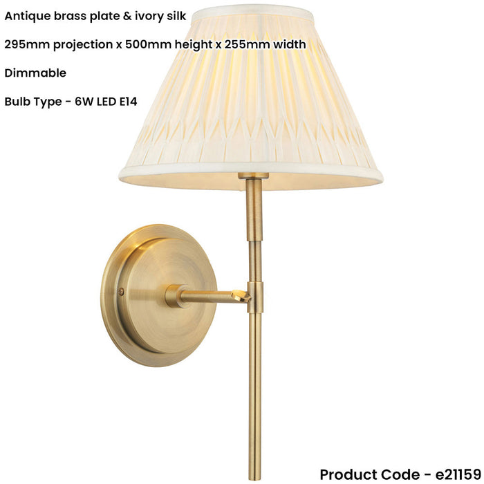 Indoor Antique Brass Plate Wall Light - Ivory Silk Shade - Dimmable 6W LED E14