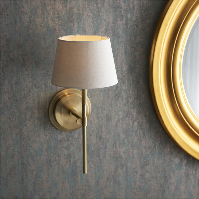 Indoor Antique Brass Plate Wall Light - Ivory Linen Mix Fabric Shade - Dimmable 6W LED E14