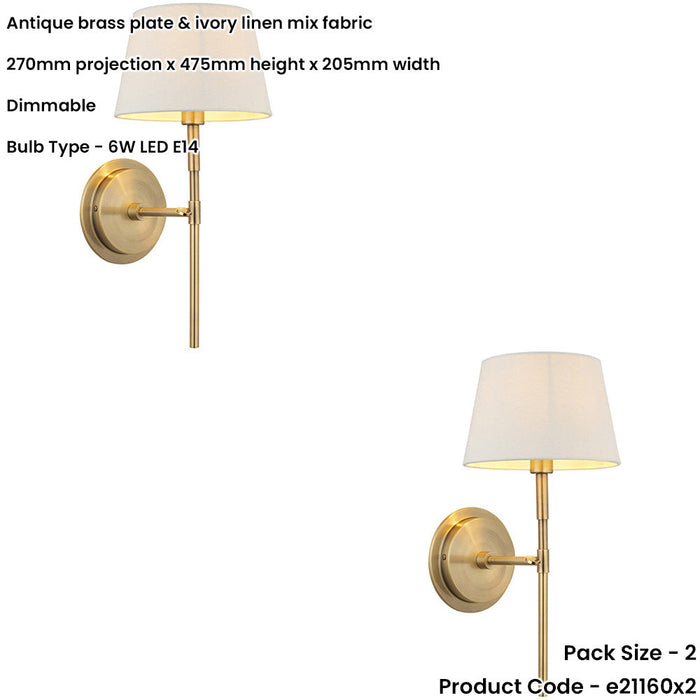 2 PACK Indoor Antique Brass Plate Wall Light - Ivory Linen Mix Fabric Shade - Dimmable 6W LED E14