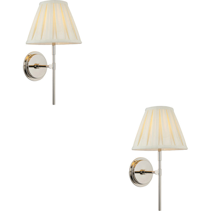 2 PACK Indoor Bright Nickel Plate Wall Light - Cream Fabric Shade - Dimmable 6W LED E14