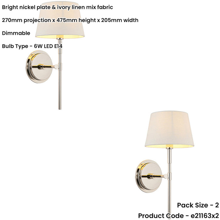 2 PACK Indoor Bright Nickel Plate Wall Light - Ivory Linen Mix Fabric Shade - Dimmable 6W LED E14