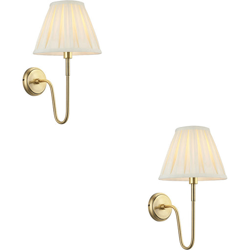 2 PACK Indoor Antique Brass Plate Wall Light - Cream Fabric Shade - Dimmable 10W LED E27