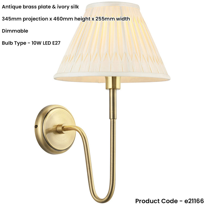 Indoor Antique Brass Plate Wall Light - Ivory Silk Shade - Dimmable 10W LED E27