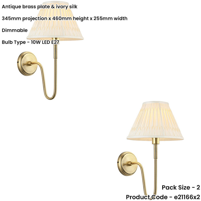 2 PACK Indoor Antique Brass Plate Wall Light - Ivory Silk Shade - Dimmable 10W LED E27