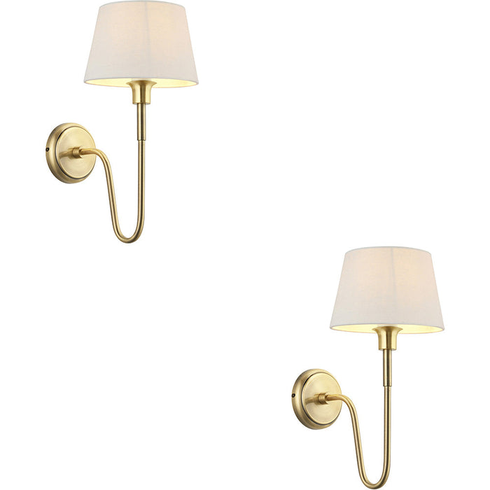 2 PACK Indoor Antique Brass Plate Wall Light - Ivory Linen Mix Fabric Shade - Dimmable 10W LED E27