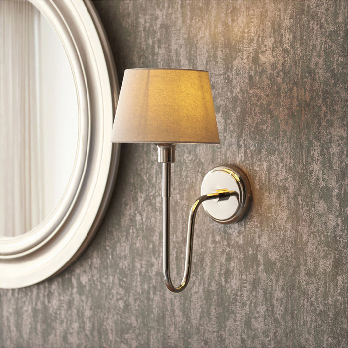 Indoor Bright Nickel Plate Wall Light - Ivory Linen Mix Fabric Shade - Dimmable 10W LED E27