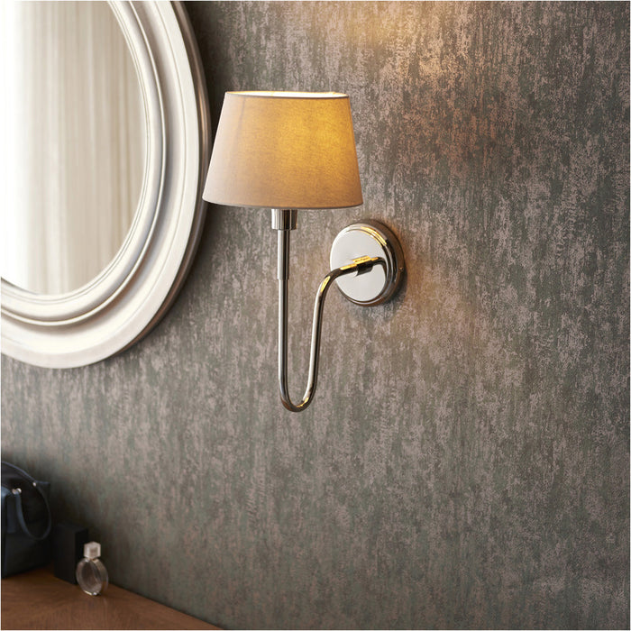 Indoor Bright Nickel Plate Wall Light - Ivory Linen Mix Fabric Shade - Dimmable 10W LED E27