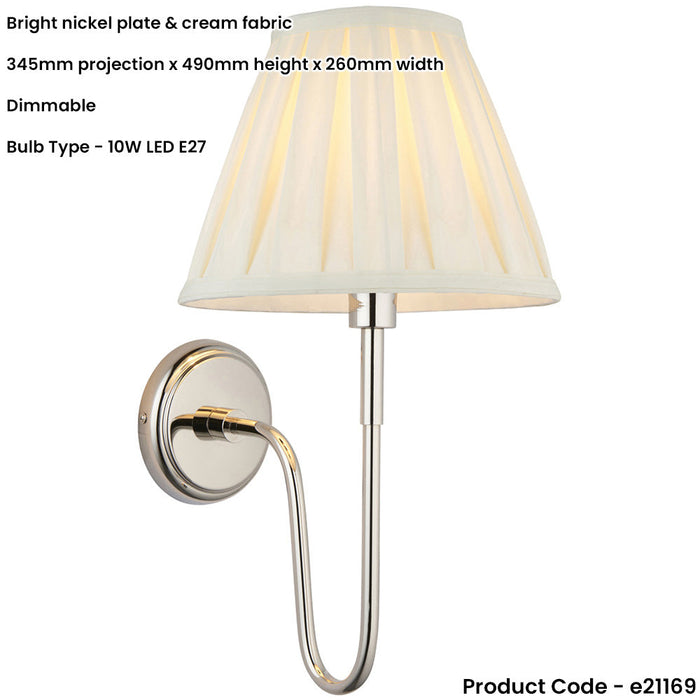 Indoor Bright Nickel Plate Wall Light - Cream Fabric Shade - Dimmable 10W LED E27