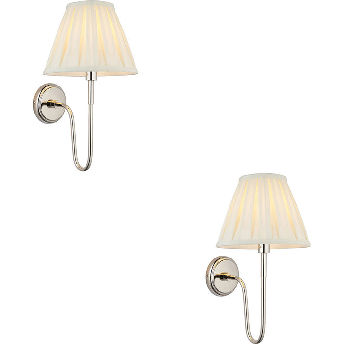 2 PACK Indoor Bright Nickel Plate Wall Light - Cream Fabric Shade - Dimmable 10W LED E27