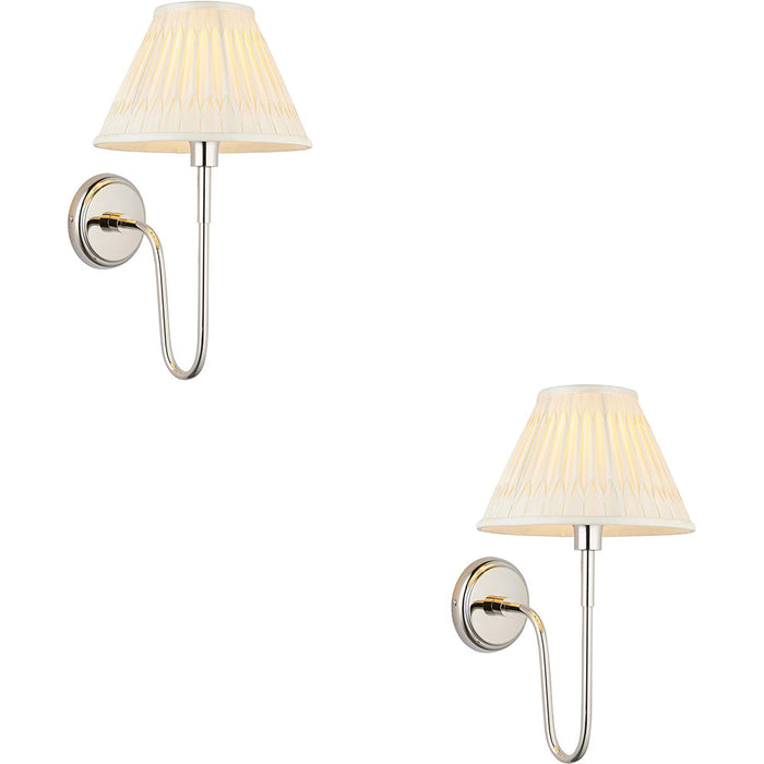 2 PACK Indoor Bright Nickel Plate Wall Light - Ivory Silk Shade - Dimmable 10W LED E27