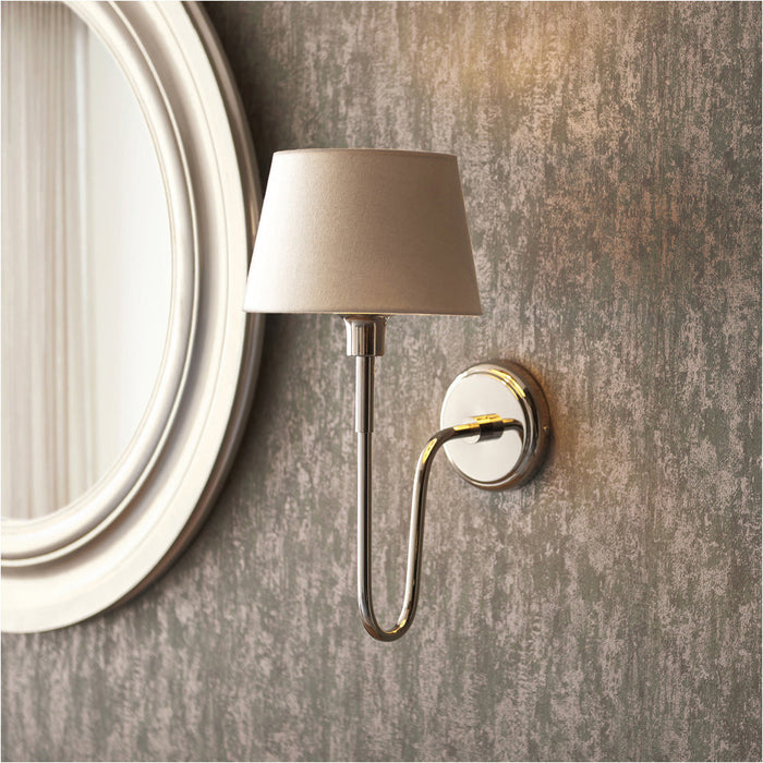 Indoor Bright Nickel Plate Wall Light - Grey Linen Mix Fabric Shade - Dimmable 10W LED E27