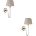 2 PACK Indoor Bright Nickel Plate Wall Light - Grey Linen Mix Fabric Shade - Dimmable 10W LED E27