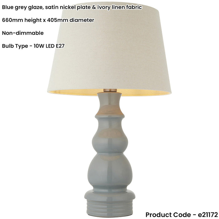 Blue Grey Glaze & Satin Nickel Plate Table Lamp - Ivory Linen Fabric - 660mm Tall Light