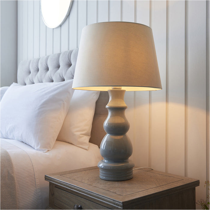 2 PACK Blue Grey Glaze & Satin Nickel Plate Table Lamp - Ivory Linen Fabric - 660mm Tall Light