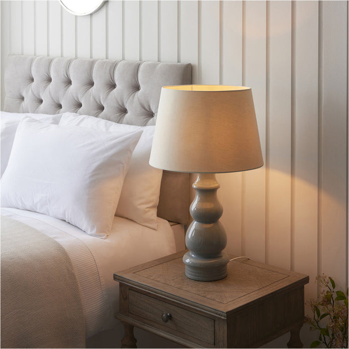 Blue Grey Glaze & Satin Nickel Plate Table Lamp - Ivory Linen Fabric - 660mm Tall Light