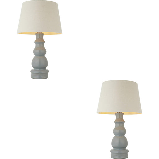 2 PACK Blue Grey Glaze & Satin Nickel Plate Table Lamp - Ivory Linen Fabric - 660mm Tall Light