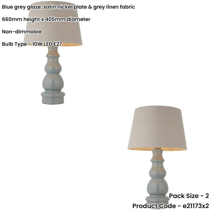 2 PACK Blue Grey Glaze & Satin Nickel Plate Table Lamp - Grey Linen Fabric - 660mm Tall Light