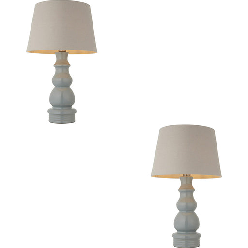 2 PACK Blue Grey Glaze & Satin Nickel Plate Table Lamp - Grey Linen Fabric - 660mm Tall Light