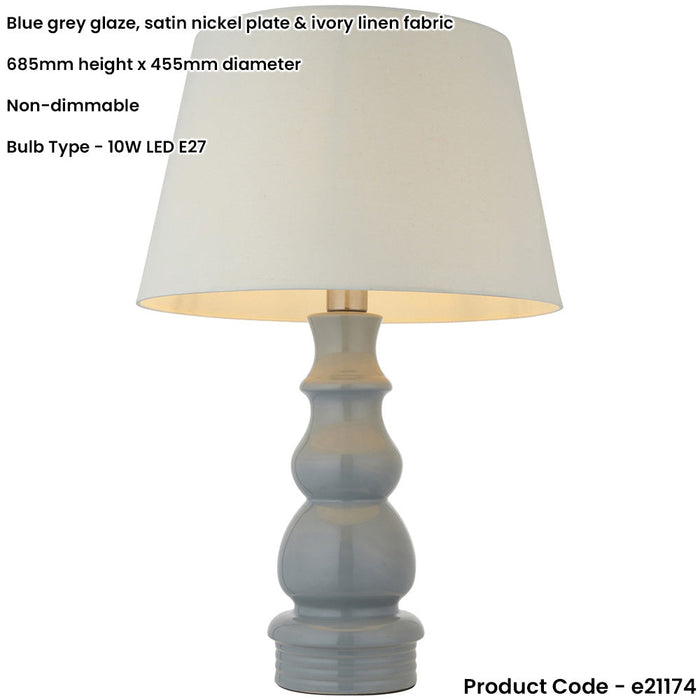 Blue Grey Glaze & Satin Nickel Plate Table Lamp - Ivory Linen Fabric Shade - 685mm Tall Light - 10W LED E27