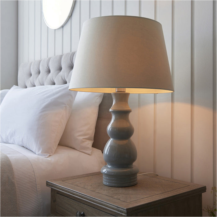 2 PACK Blue Grey Glaze & Satin Nickel Plate Table Lamp - Ivory Linen Fabric Shade - 685mm Tall Light - 10W LED E27