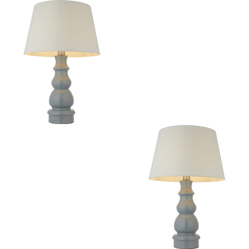 2 PACK Blue Grey Glaze & Satin Nickel Plate Table Lamp - Ivory Linen Fabric Shade - 685mm Tall Light - 10W LED E27