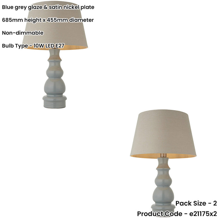 2 PACK Blue Grey Glaze & Satin Nickel Platetable Lamp - 685mm Tall Light