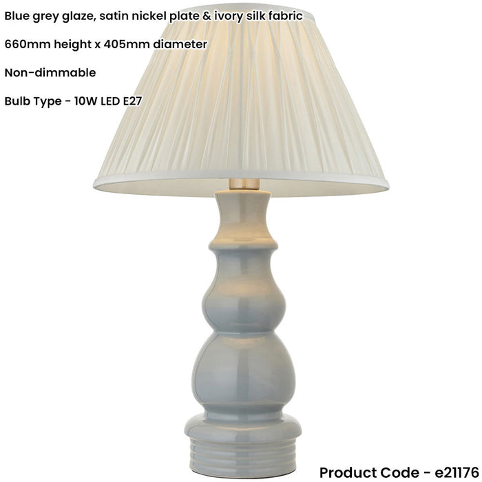 Blue Grey Glaze & Satin Nickel Plate Table Lamp - Ivory Silk Fabric - 660mm Tall Light