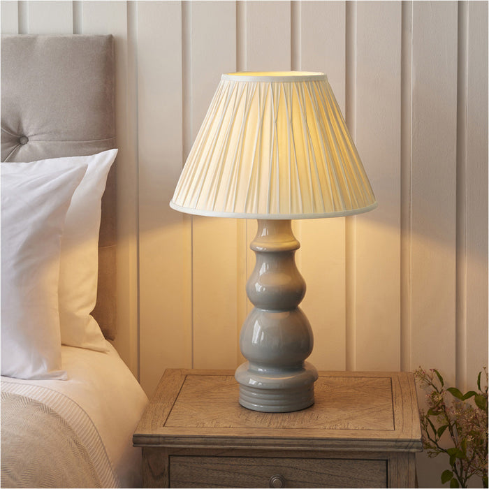 Blue Grey Glaze & Satin Nickel Plate Table Lamp - Ivory Silk Fabric - 660mm Tall Light