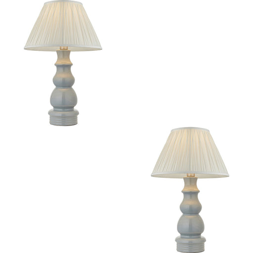 2 PACK Blue Grey Glaze & Satin Nickel Plate Table Lamp - Ivory Silk Fabric - 660mm Tall Light