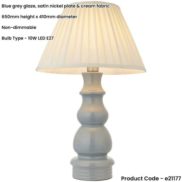 Blue Grey Glaze & Satin Nickel Plate Table Lamp - Cream Fabric - 650mm Tall Light