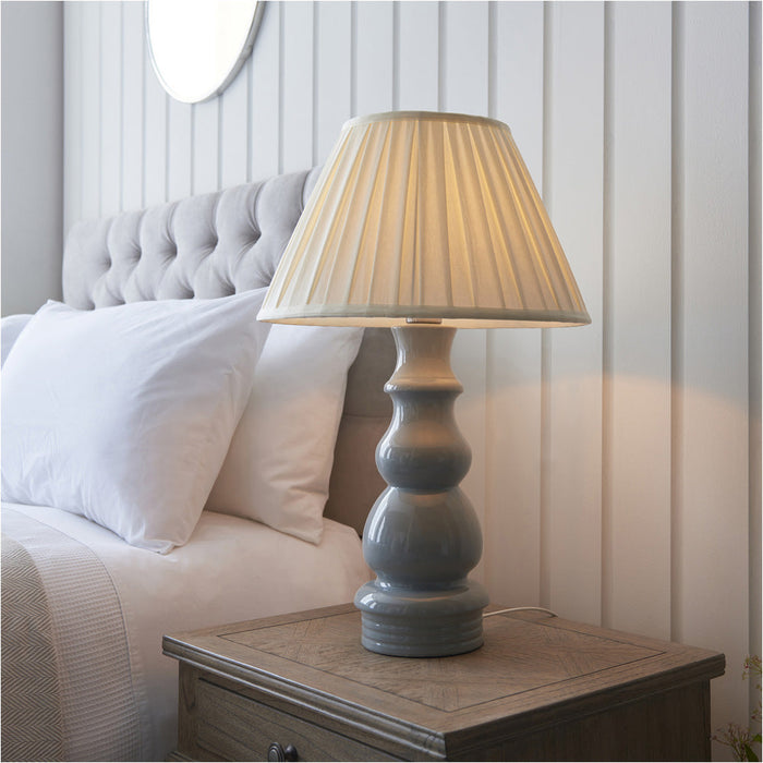 Blue Grey Glaze & Satin Nickel Plate Table Lamp - Cream Fabric - 650mm Tall Light