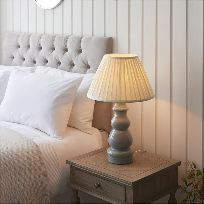 Blue Grey Glaze & Satin Nickel Plate Table Lamp - Cream Fabric - 650mm Tall Light