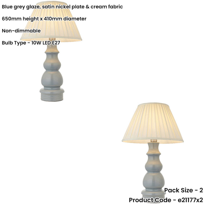 2 PACK Blue Grey Glaze & Satin Nickel Plate Table Lamp - Cream Fabric - 650mm Tall Light