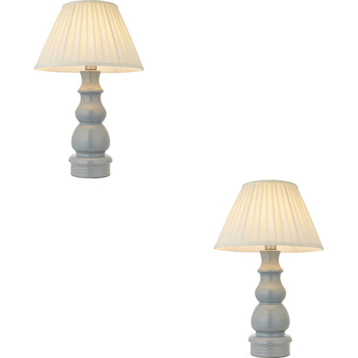 2 PACK Blue Grey Glaze & Satin Nickel Plate Table Lamp - Cream Fabric - 650mm Tall Light