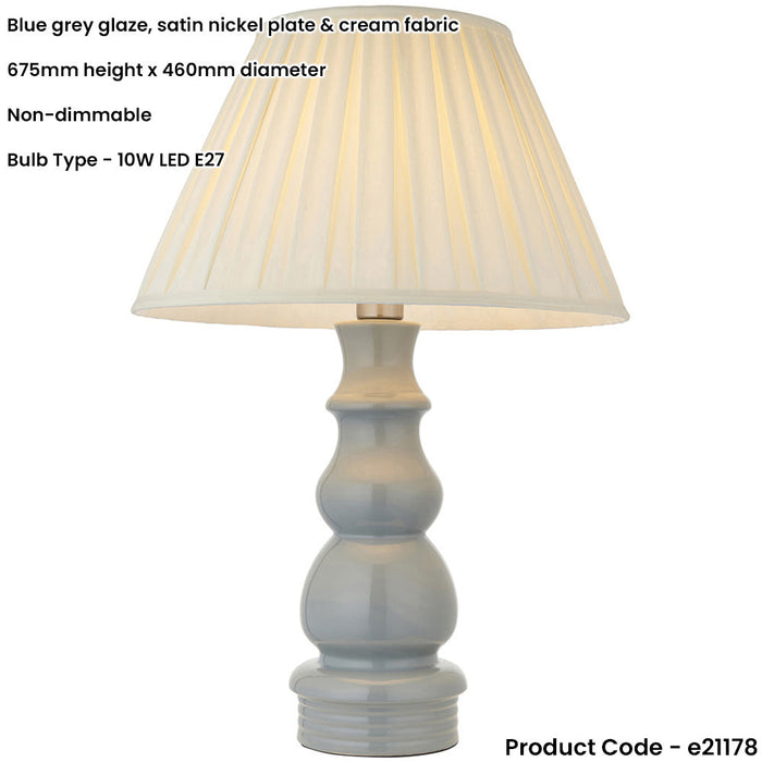 Blue Grey Glaze & Satin Nickel Plate Table Lamp - Cream Fabric - 675mm Tall Light