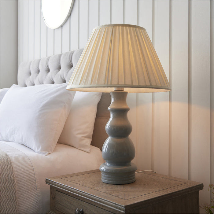 Blue Grey Glaze & Satin Nickel Plate Table Lamp - Cream Fabric - 675mm Tall Light