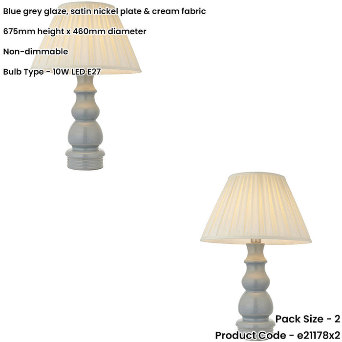 2 PACK Blue Grey Glaze & Satin Nickel Plate Table Lamp - Cream Fabric - 675mm Tall Light