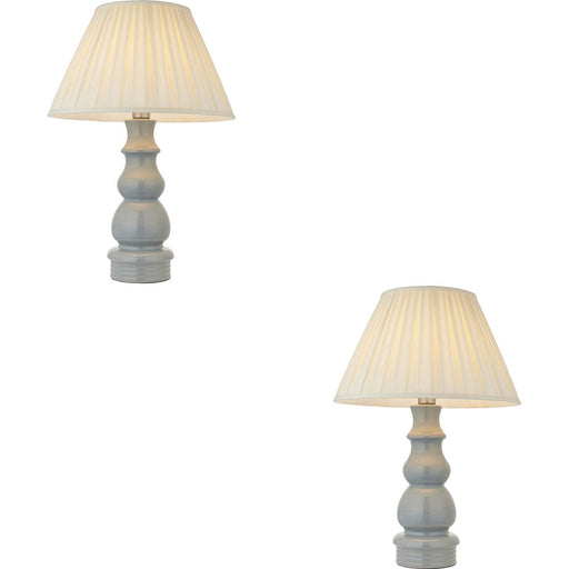 2 PACK Blue Grey Glaze & Satin Nickel Plate Table Lamp - Cream Fabric - 675mm Tall Light