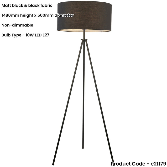 1480mm Floor Lamp - Matt Black & Black Fabric Modern Reading Tripod - Standing LED Light Base & Shade