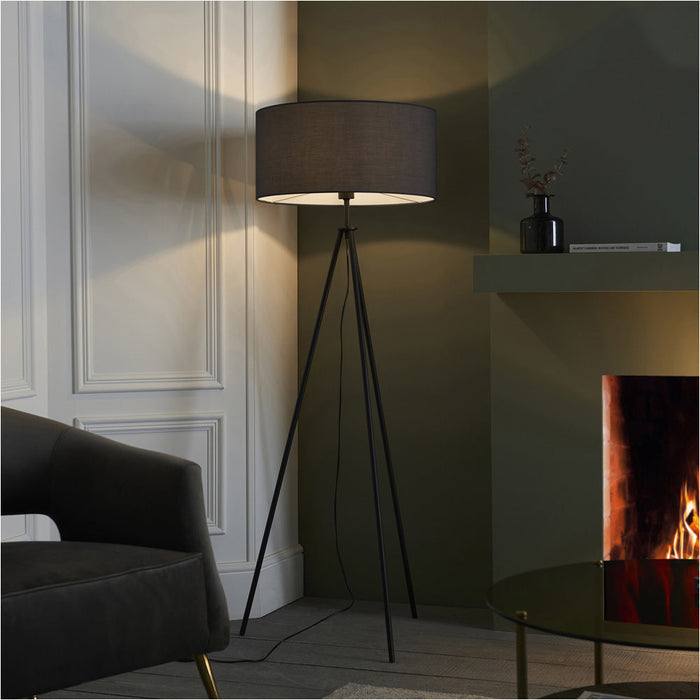 2 PACK 1480mm Floor Lamp - Matt Black & Black Fabric Modern Reading Tripod - Standing LED Light Base & Shade